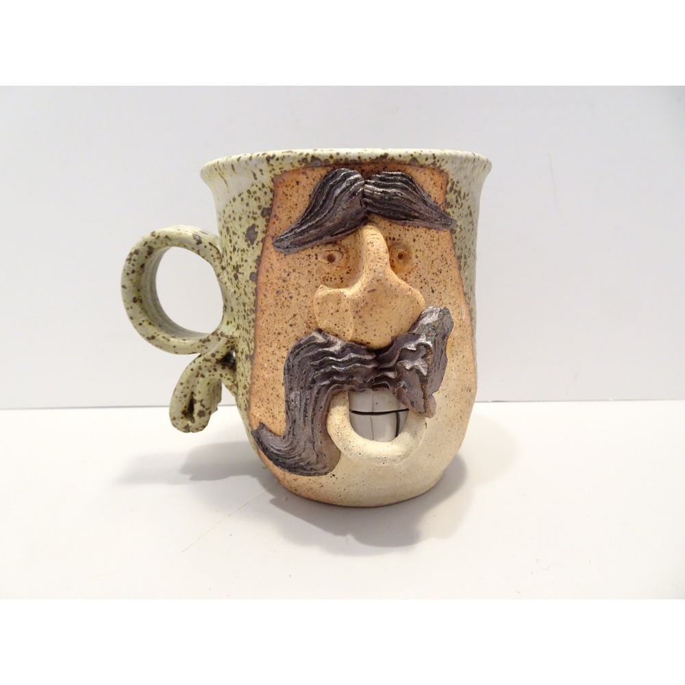 Vintage Studio Pottery Face Mug Mustache Man Signed Artisan Stoneware Coffee Cup
